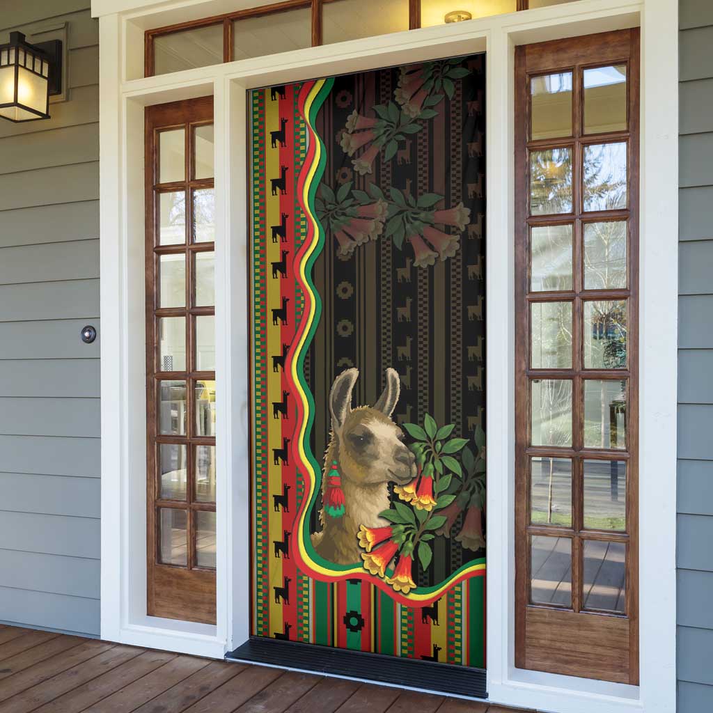 Bolivia Door Cover The Llama With Kantuta Over Andean Patterns - Wonder Print Shop