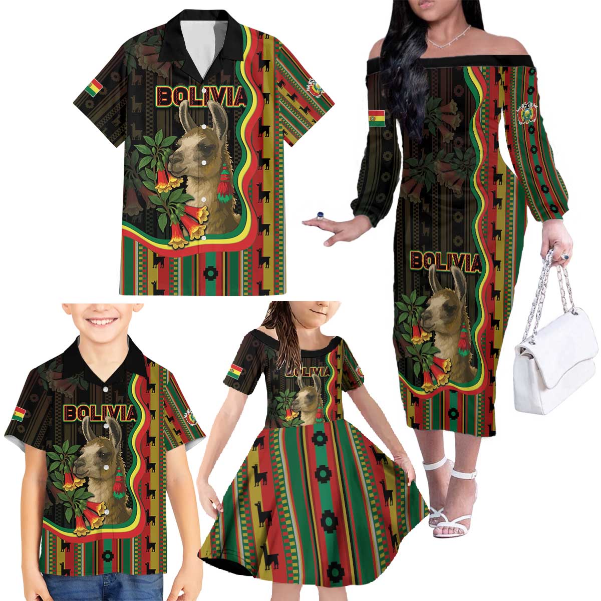 Bolivia Family Matching Off The Shoulder Long Sleeve Dress and Hawaiian Shirt The Llama With Kantuta Over Andean Patterns - Wonder Print Shop