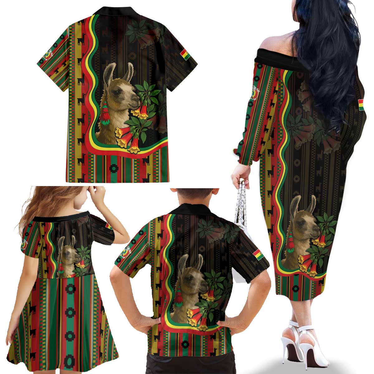 Bolivia Family Matching Off The Shoulder Long Sleeve Dress and Hawaiian Shirt The Llama With Kantuta Over Andean Patterns - Wonder Print Shop