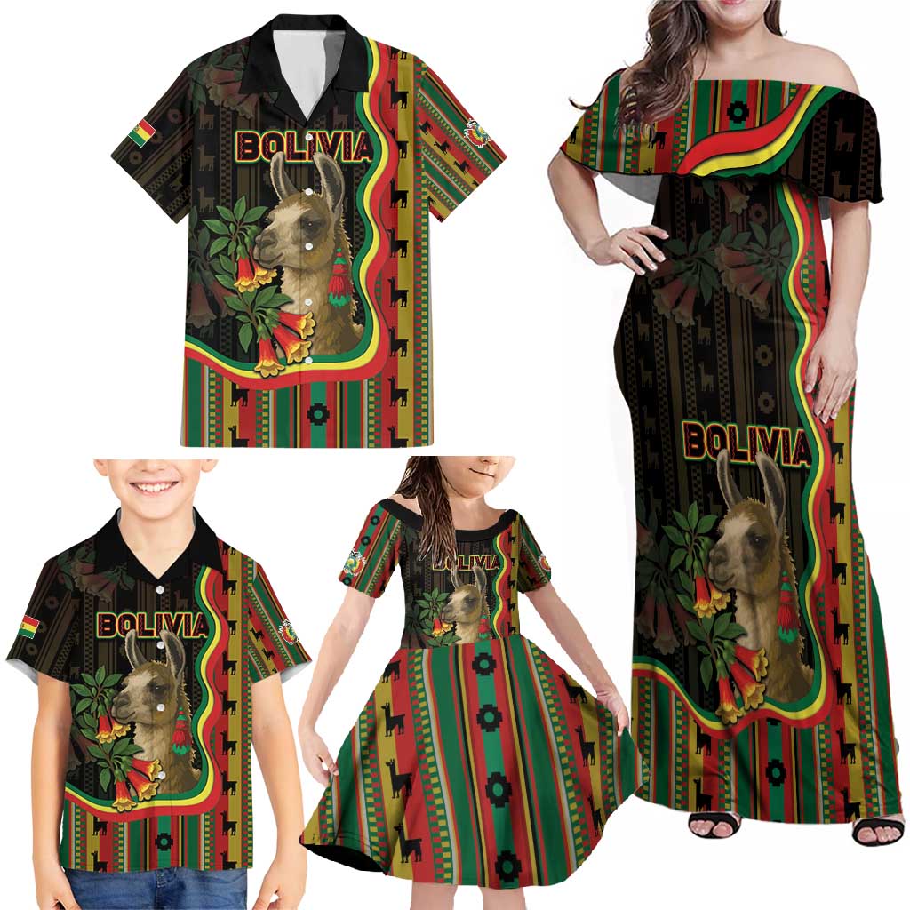 Bolivia Family Matching Off Shoulder Maxi Dress and Hawaiian Shirt The Llama With Kantuta Over Andean Patterns - Wonder Print Shop