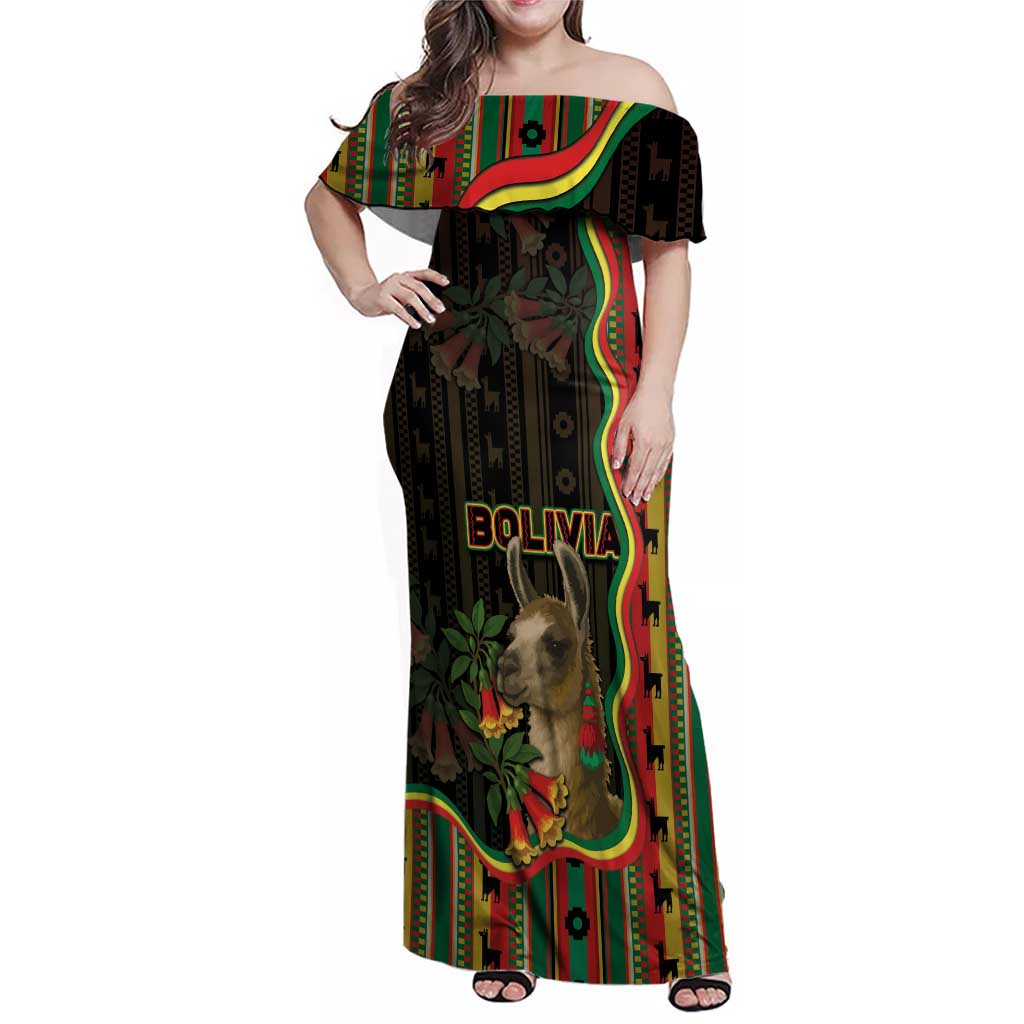 Bolivia Family Matching Off Shoulder Maxi Dress and Hawaiian Shirt The Llama With Kantuta Over Andean Patterns - Wonder Print Shop