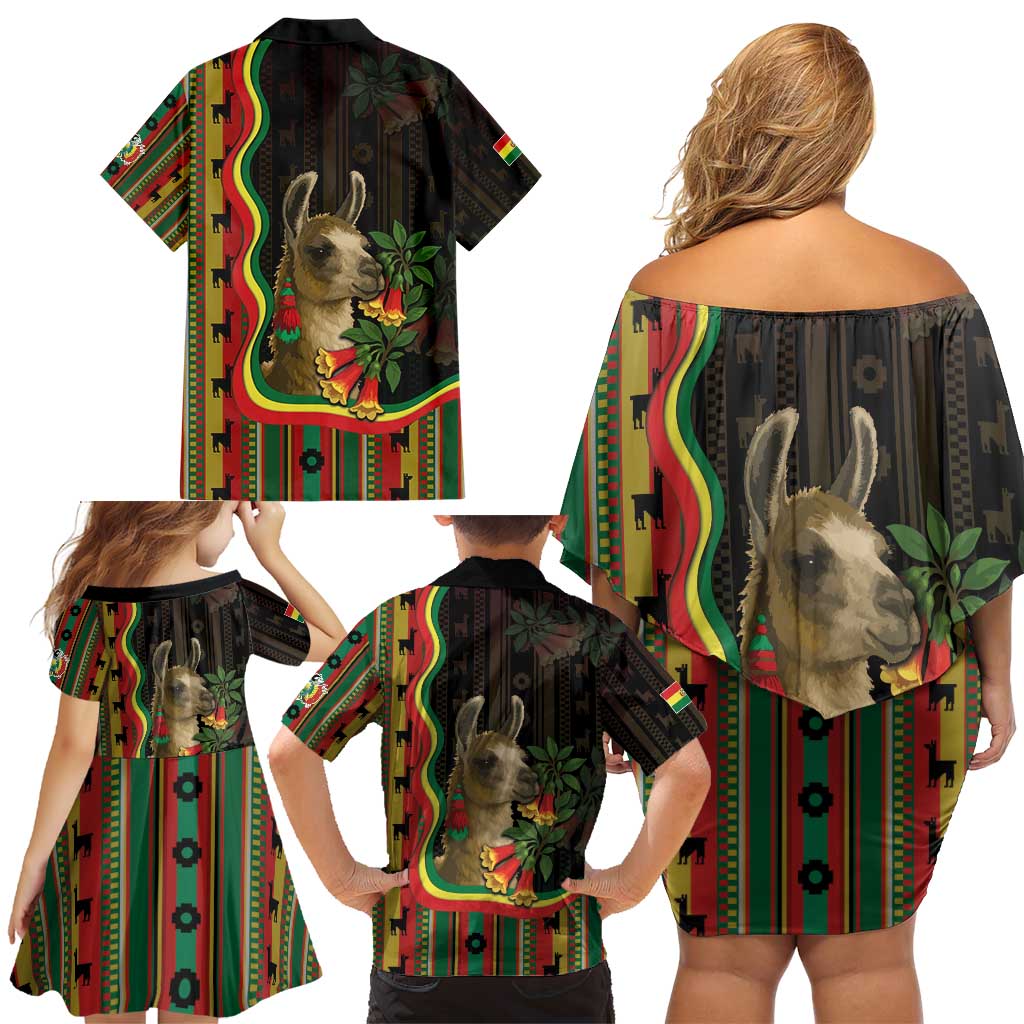 Bolivia Family Matching Off Shoulder Short Dress and Hawaiian Shirt The Llama With Kantuta Over Andean Patterns - Wonder Print Shop