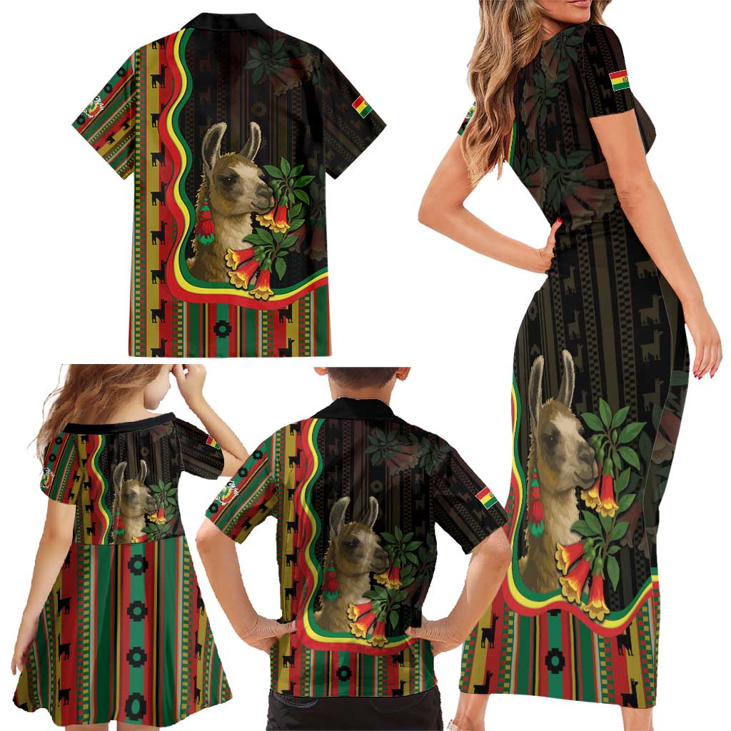 Bolivia Family Matching Short Sleeve Bodycon Dress and Hawaiian Shirt The Llama With Kantuta Over Andean Patterns - Wonder Print Shop