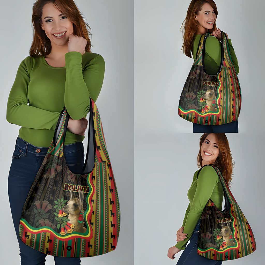 Bolivia Grocery Bag The Llama With Kantuta Over Andean Patterns - Wonder Print Shop
