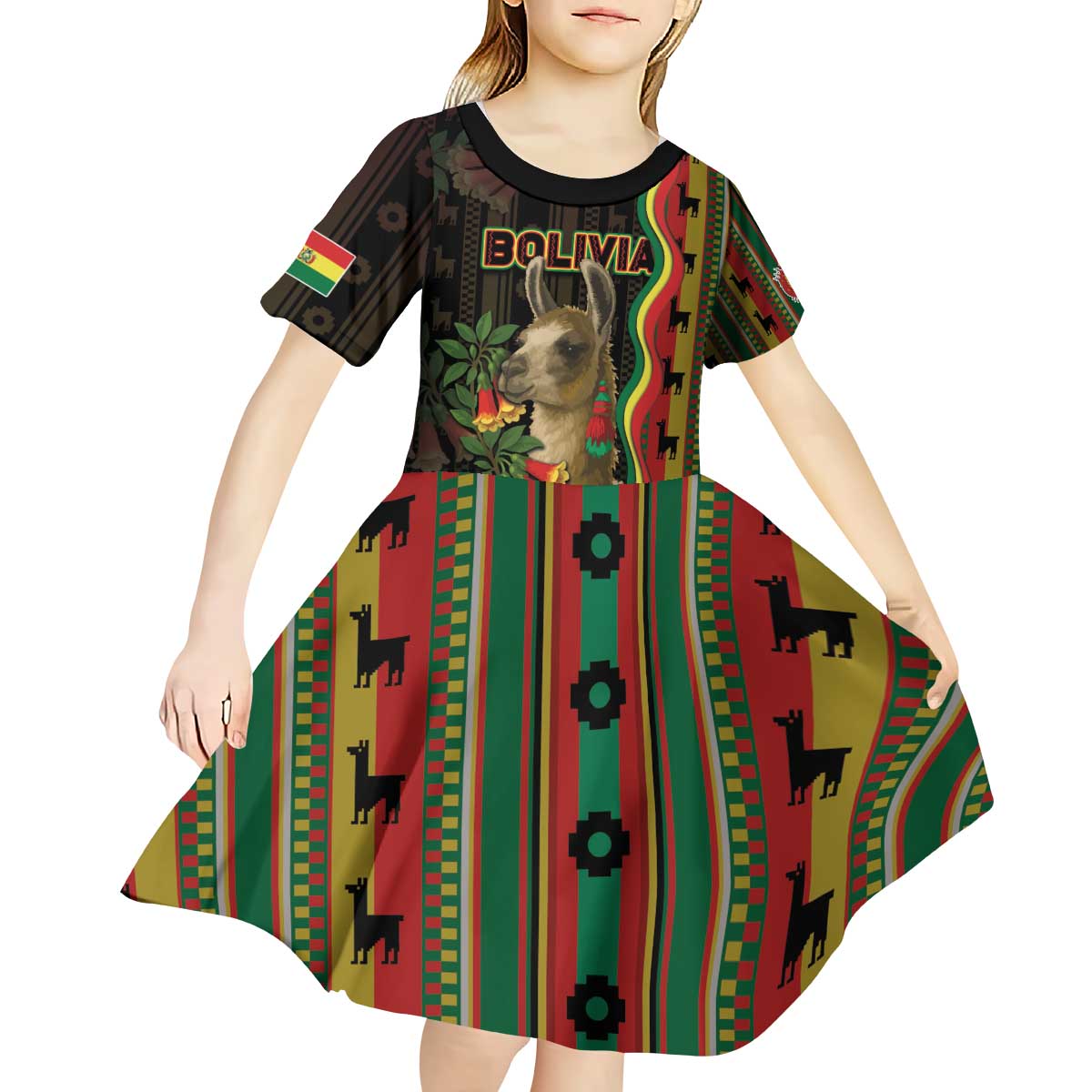 Bolivia Kid Short Sleeve Dress The Llama With Kantuta Over Andean Patterns - Wonder Print Shop