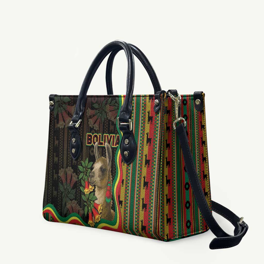 Bolivia Leather Bag The Llama With Kantuta Over Andean Patterns - Wonder Print Shop