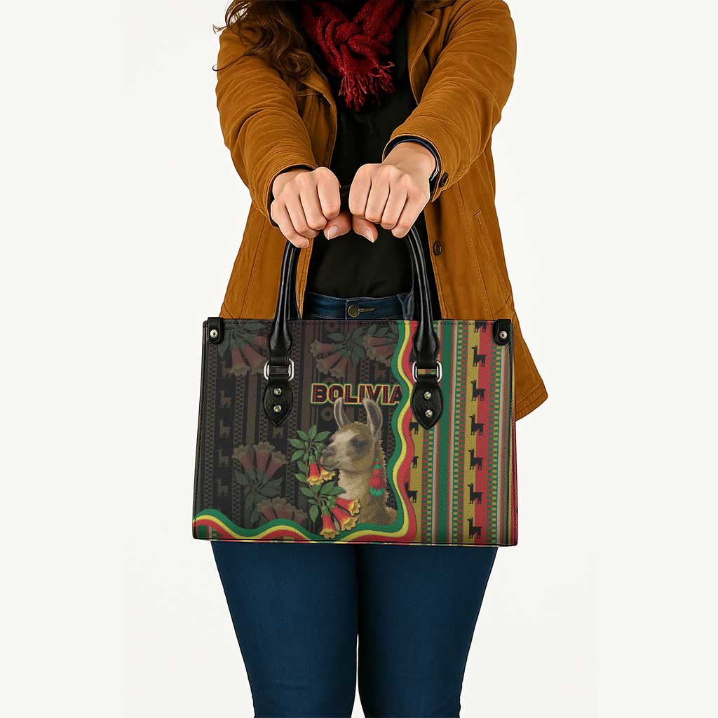 Bolivia Leather Bag The Llama With Kantuta Over Andean Patterns - Wonder Print Shop