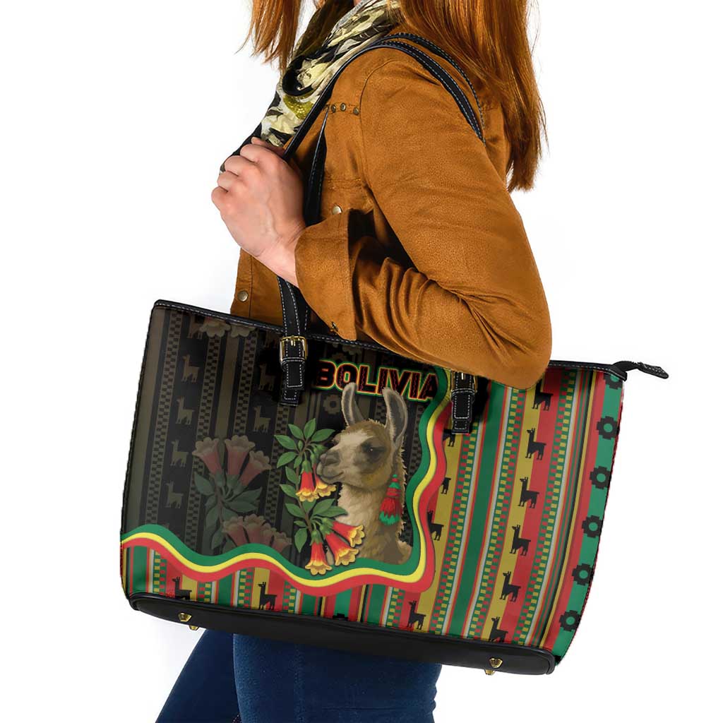 Bolivia Leather Tote Bag The Llama With Kantuta Over Andean Patterns - Wonder Print Shop