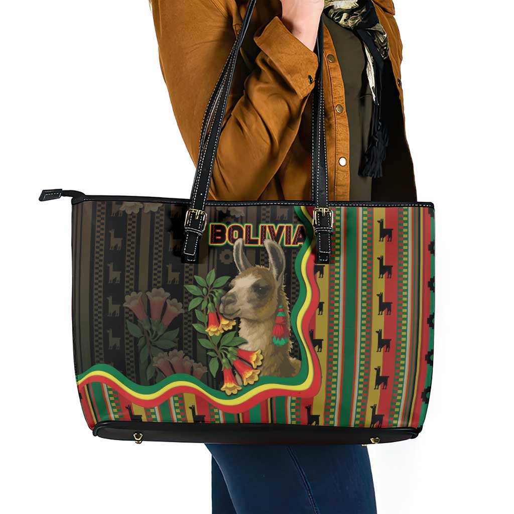 Bolivia Leather Tote Bag The Llama With Kantuta Over Andean Patterns - Wonder Print Shop