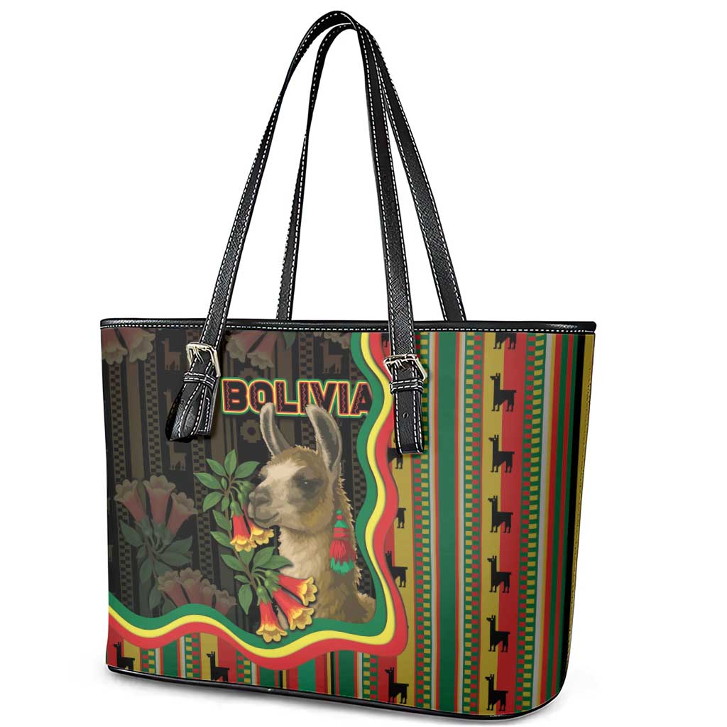 Bolivia Leather Tote Bag The Llama With Kantuta Over Andean Patterns - Wonder Print Shop