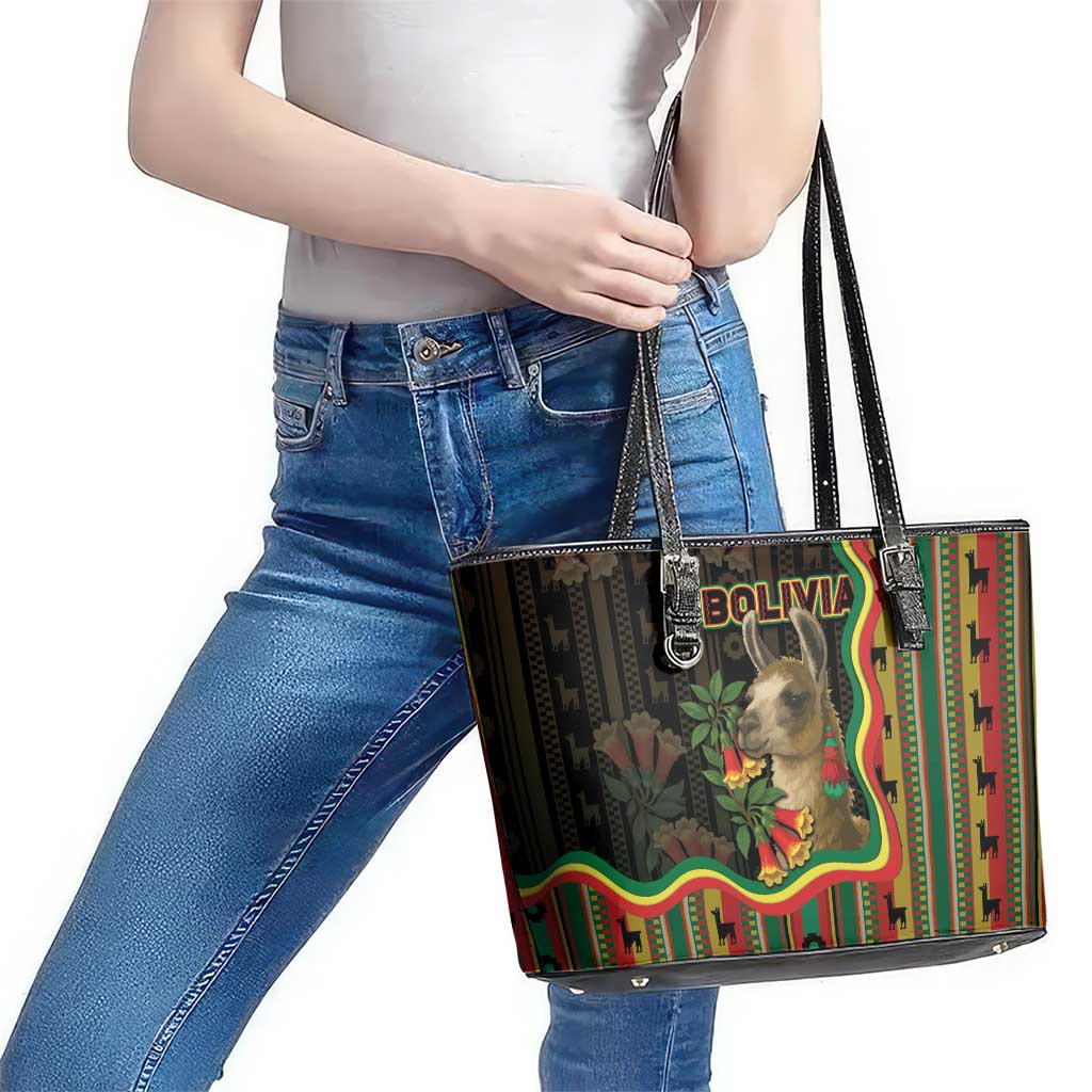 Bolivia Leather Tote Bag The Llama With Kantuta Over Andean Patterns - Wonder Print Shop