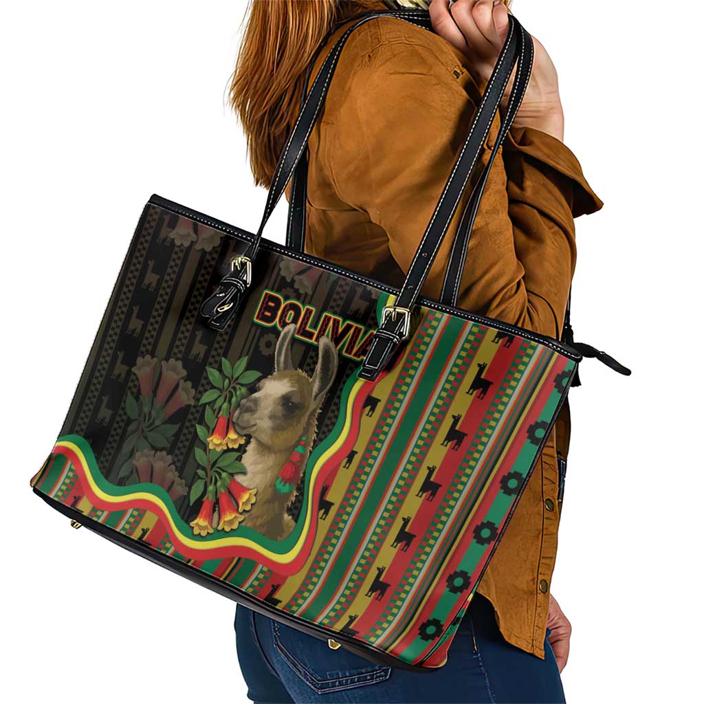 Bolivia Leather Tote Bag The Llama With Kantuta Over Andean Patterns - Wonder Print Shop