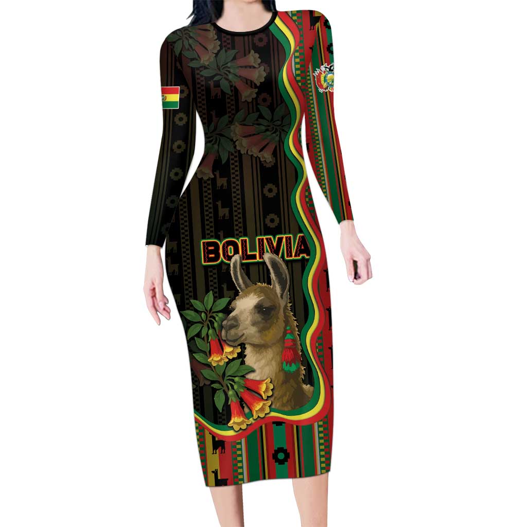 Bolivia Long Sleeve Bodycon Dress The Llama With Kantuta Over Andean Patterns - Wonder Print Shop