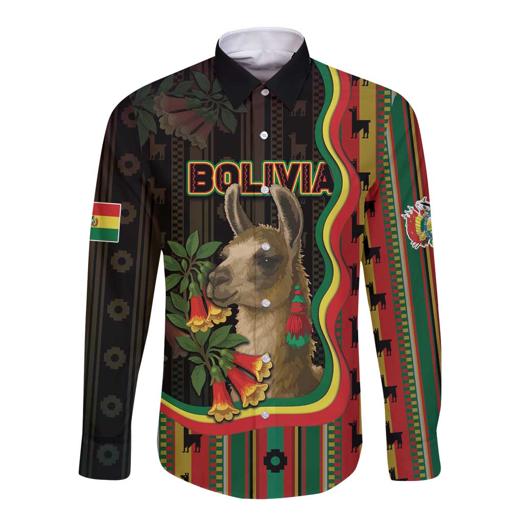 Bolivia Long Sleeve Button Shirt The Llama With Kantuta Over Andean Patterns - Wonder Print Shop