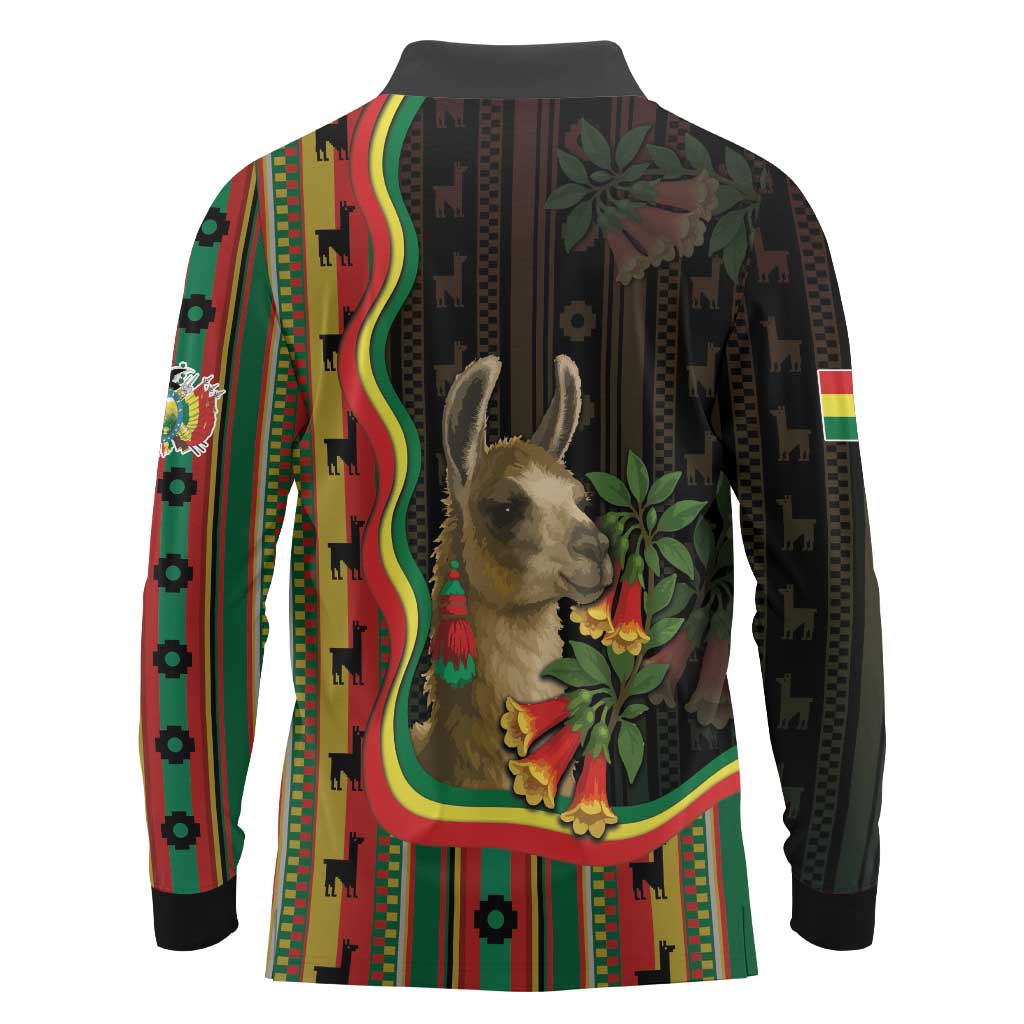 Bolivia Long Sleeve Polo Shirt The Llama With Kantuta Over Andean Patterns - Wonder Print Shop