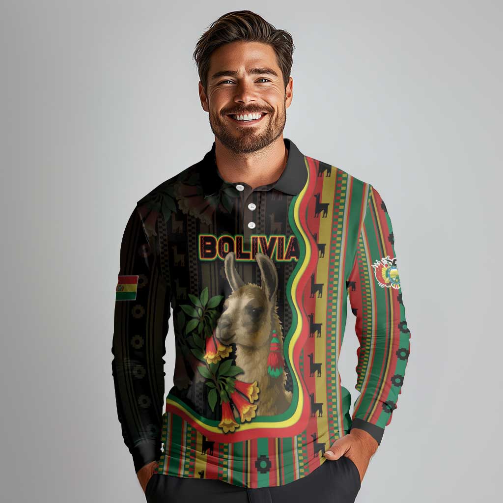 Bolivia Long Sleeve Polo Shirt The Llama With Kantuta Over Andean Patterns - Wonder Print Shop