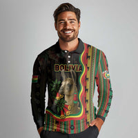 Bolivia Long Sleeve Polo Shirt The Llama With Kantuta Over Andean Patterns - Wonder Print Shop