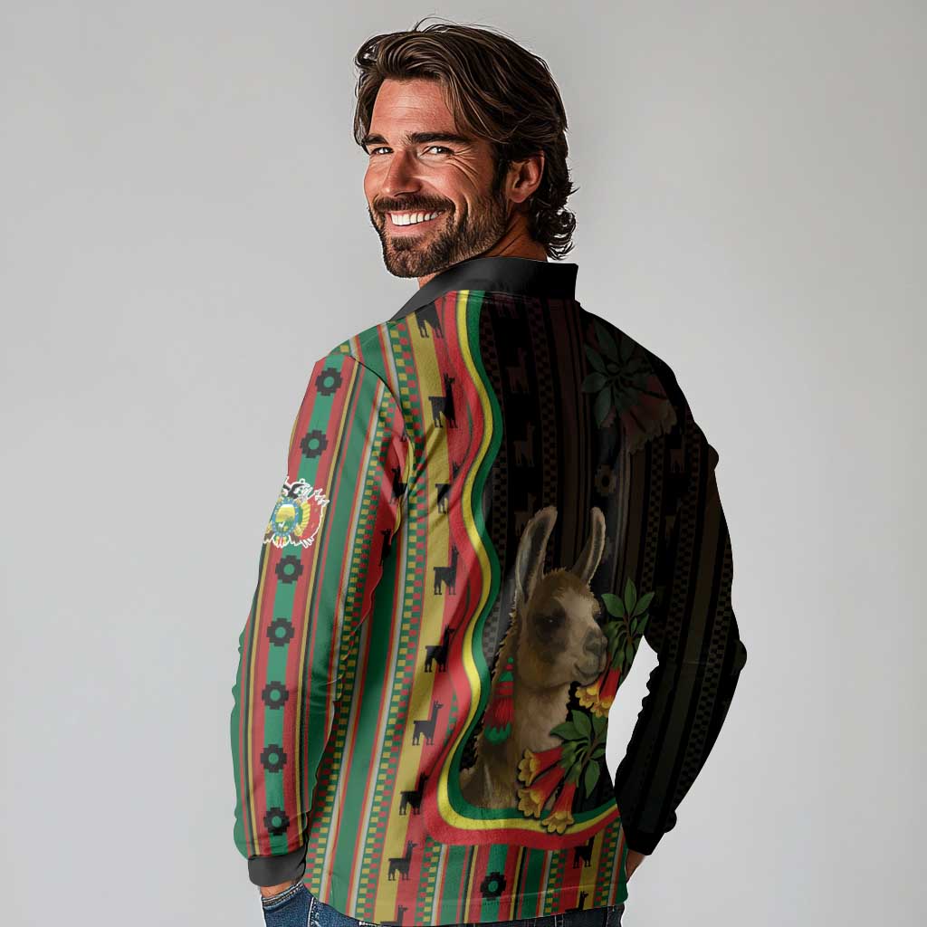 Bolivia Long Sleeve Polo Shirt The Llama With Kantuta Over Andean Patterns - Wonder Print Shop
