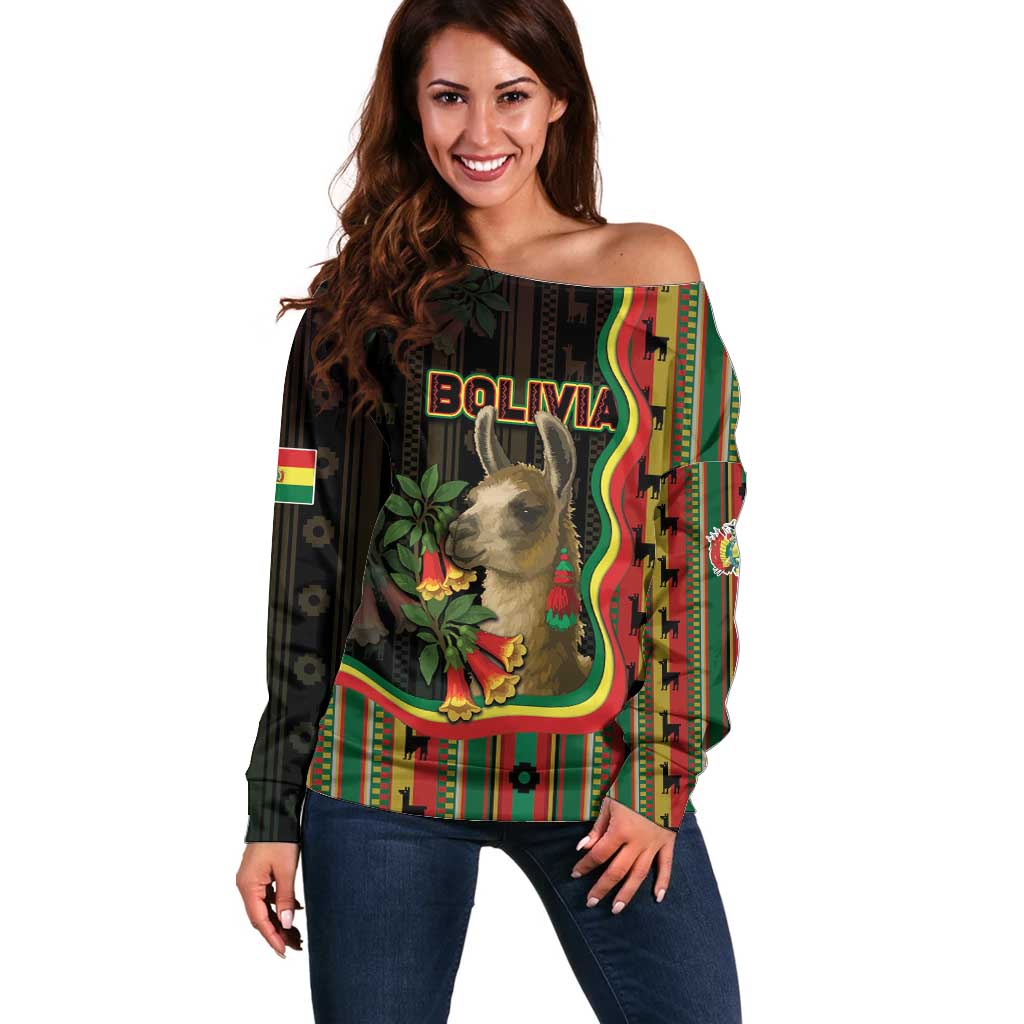 Bolivia Off Shoulder Sweater The Llama With Kantuta Over Andean Patterns - Wonder Print Shop