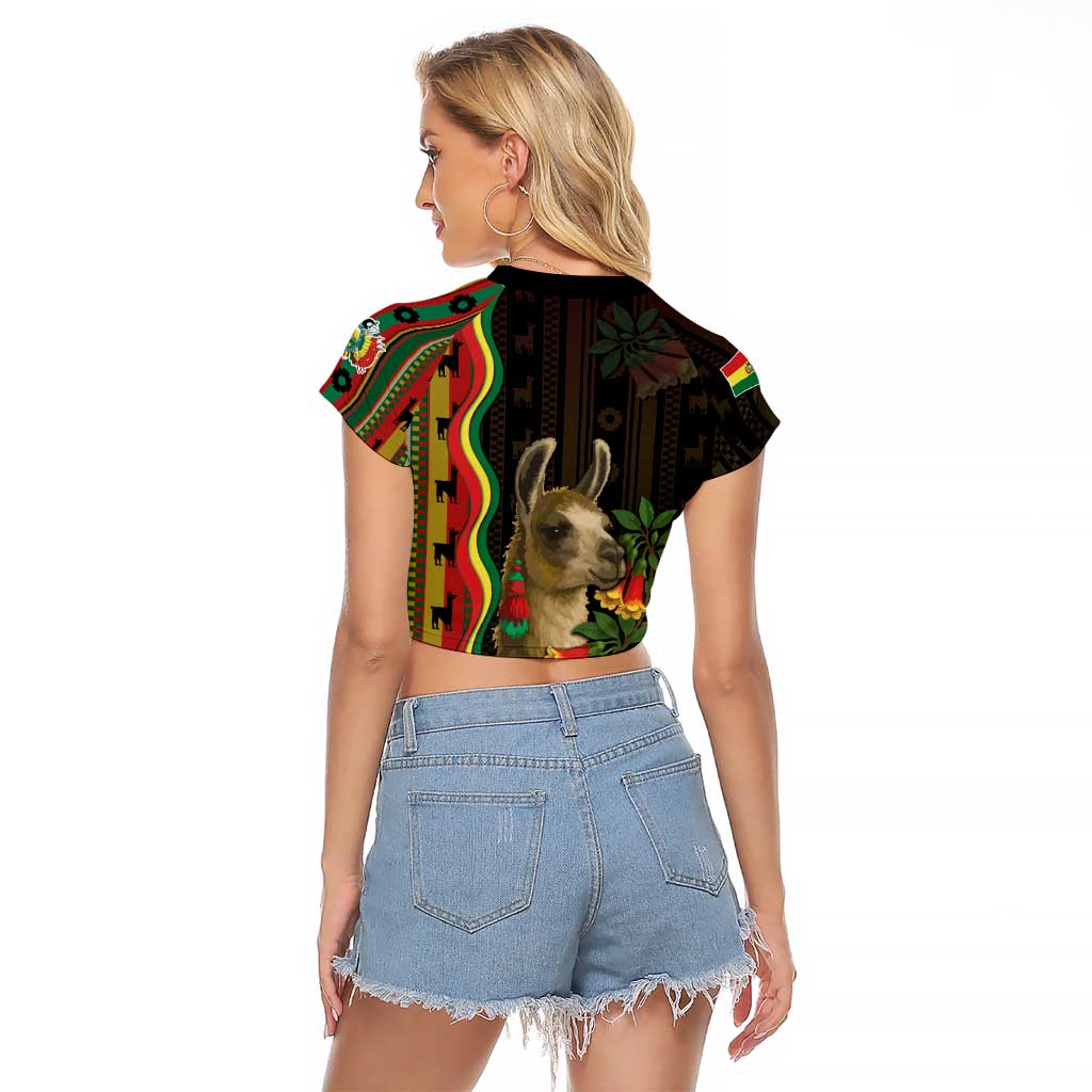 Bolivia Raglan Cropped T Shirt The Llama With Kantuta Over Andean Patterns - Wonder Print Shop