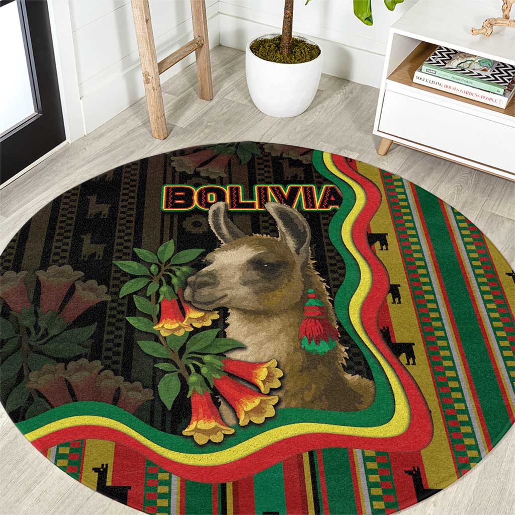 Bolivia Round Carpet The Llama With Kantuta Over Andean Patterns - Wonder Print Shop