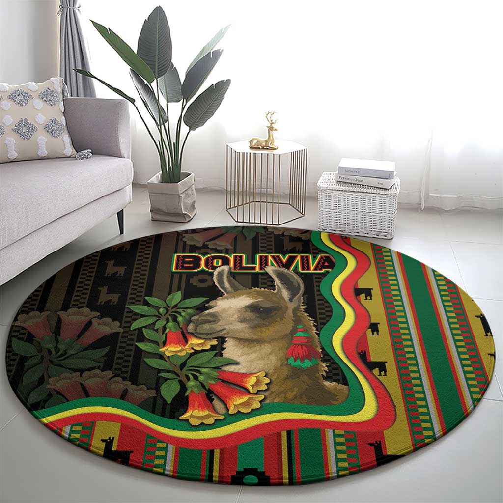Bolivia Round Carpet The Llama With Kantuta Over Andean Patterns - Wonder Print Shop