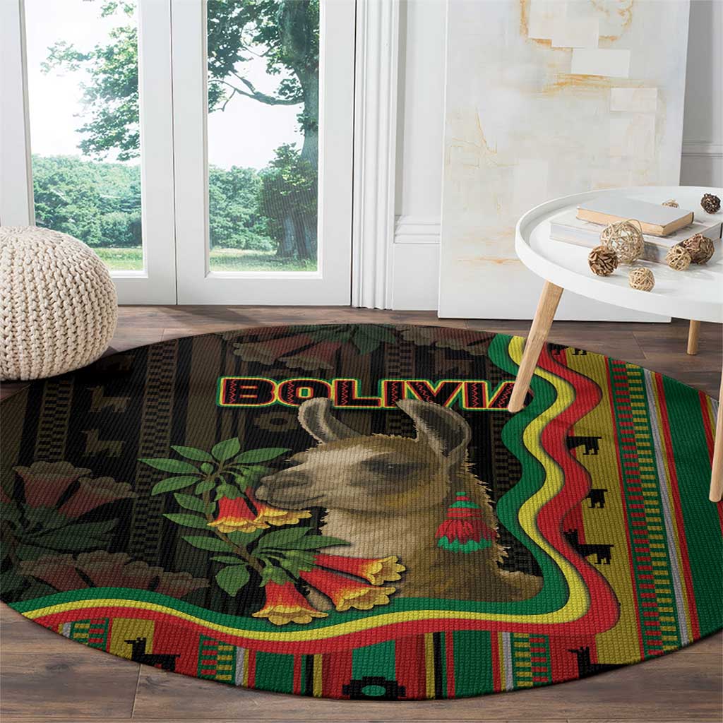 Bolivia Round Carpet The Llama With Kantuta Over Andean Patterns - Wonder Print Shop