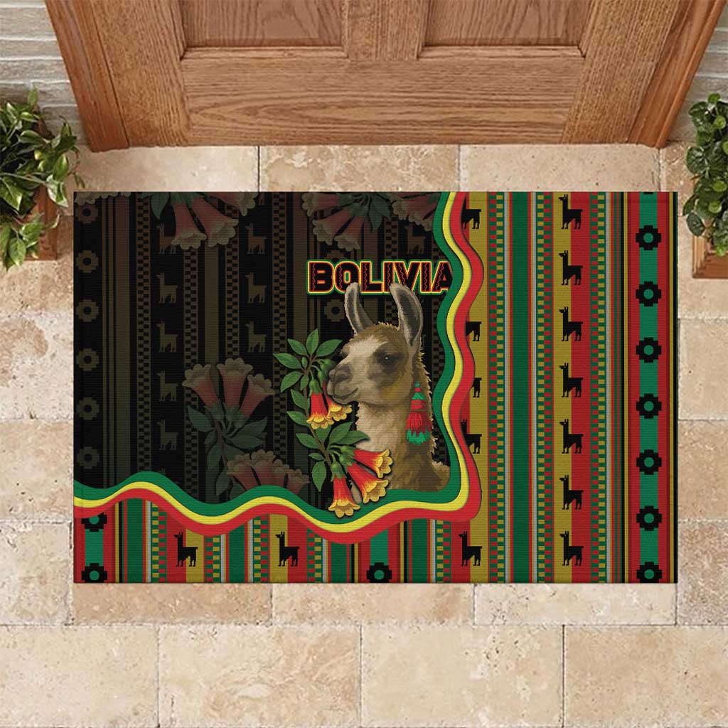 Bolivia Rubber Doormat The Llama With Kantuta Over Andean Patterns - Wonder Print Shop