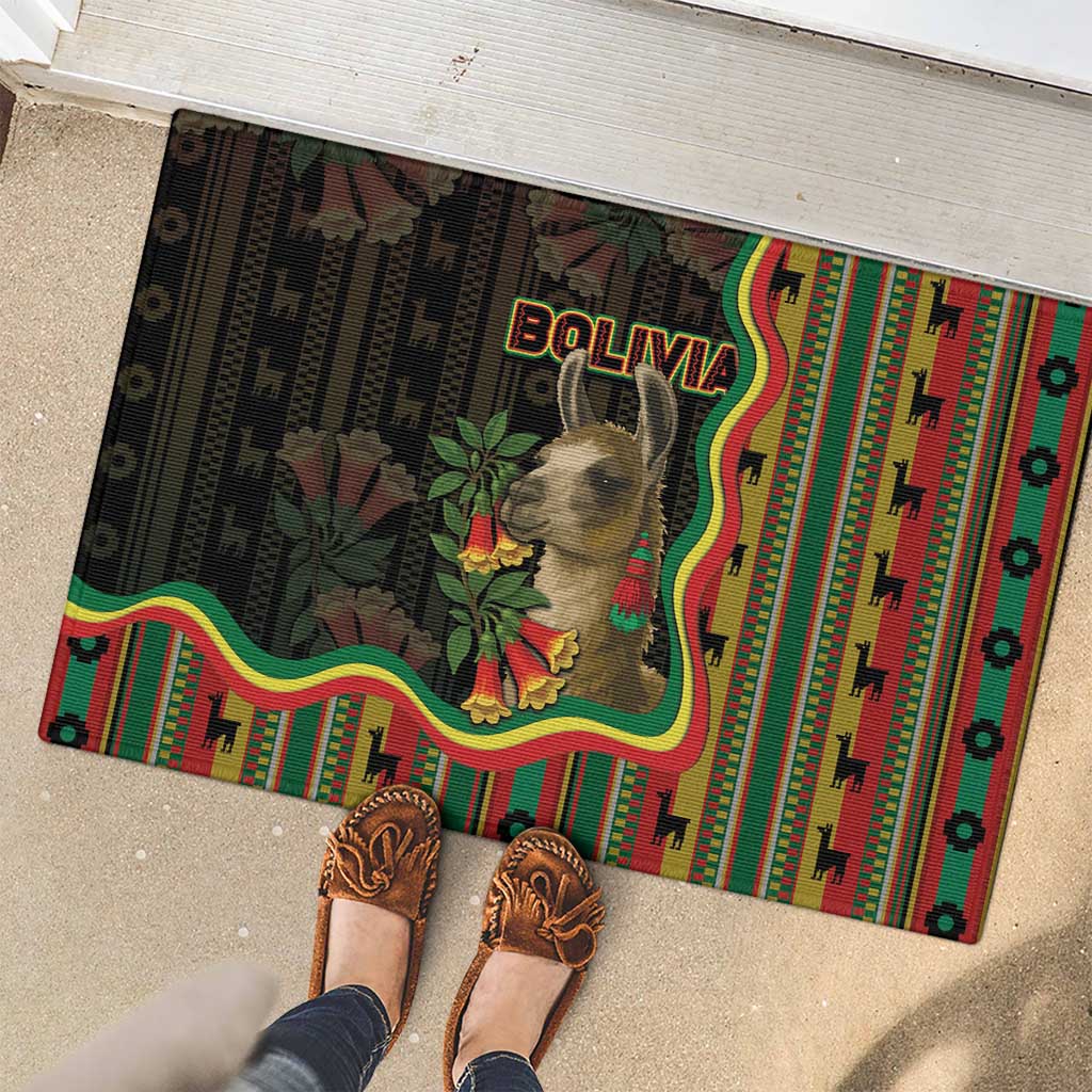 Bolivia Rubber Doormat The Llama With Kantuta Over Andean Patterns - Wonder Print Shop