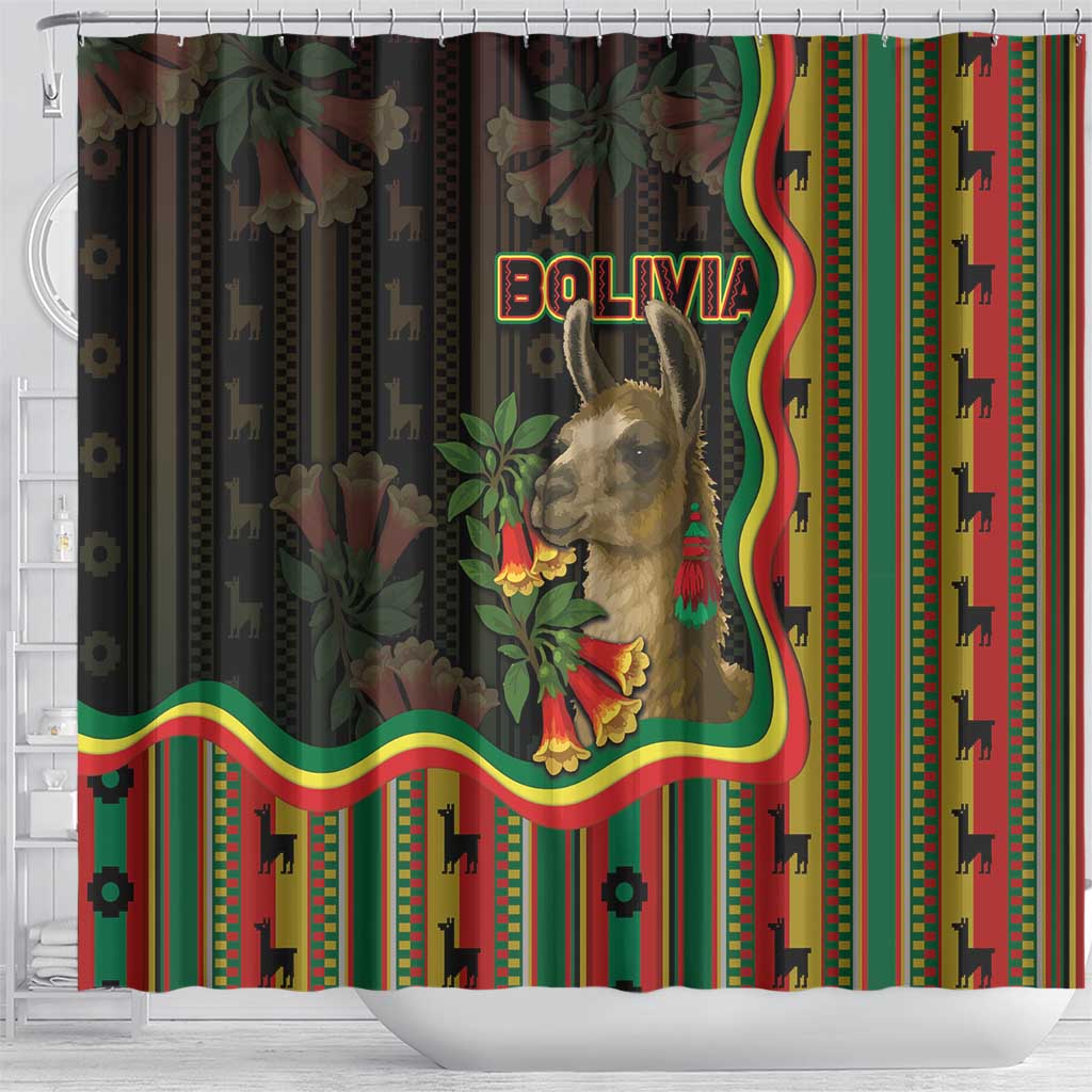 Bolivia Shower Curtain The Llama With Kantuta Over Andean Patterns - Wonder Print Shop