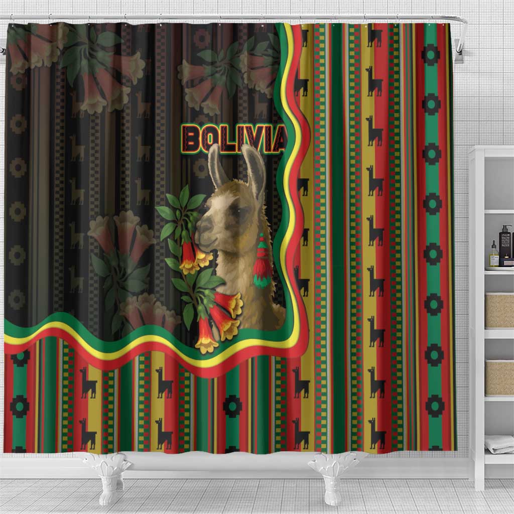 Bolivia Shower Curtain The Llama With Kantuta Over Andean Patterns - Wonder Print Shop