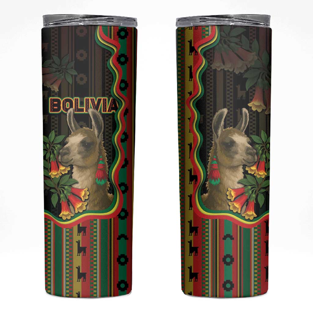 Bolivia Skinny Tumbler The Llama With Kantuta Over Andean Patterns - Wonder Print Shop
