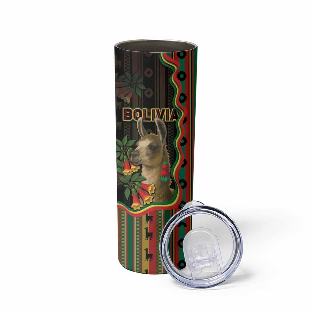 Bolivia Skinny Tumbler The Llama With Kantuta Over Andean Patterns - Wonder Print Shop
