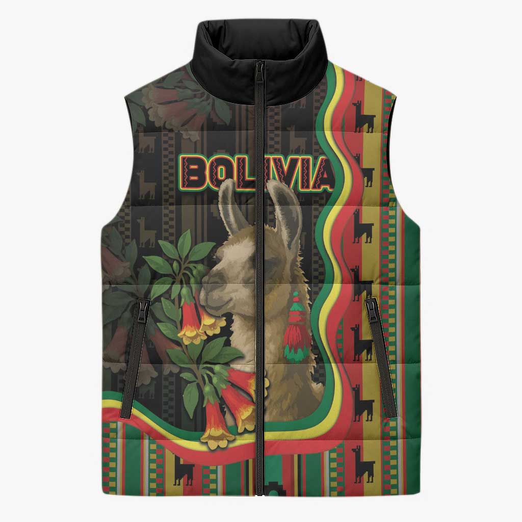 Bolivia Sleeveless Puffer Jacket The Llama With Kantuta Over Andean Patterns - Wonder Print Shop