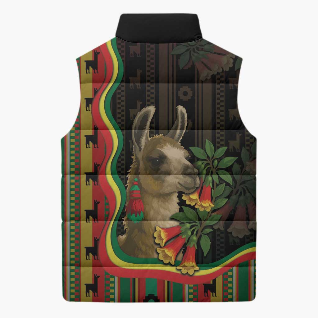 Bolivia Sleeveless Puffer Jacket The Llama With Kantuta Over Andean Patterns - Wonder Print Shop