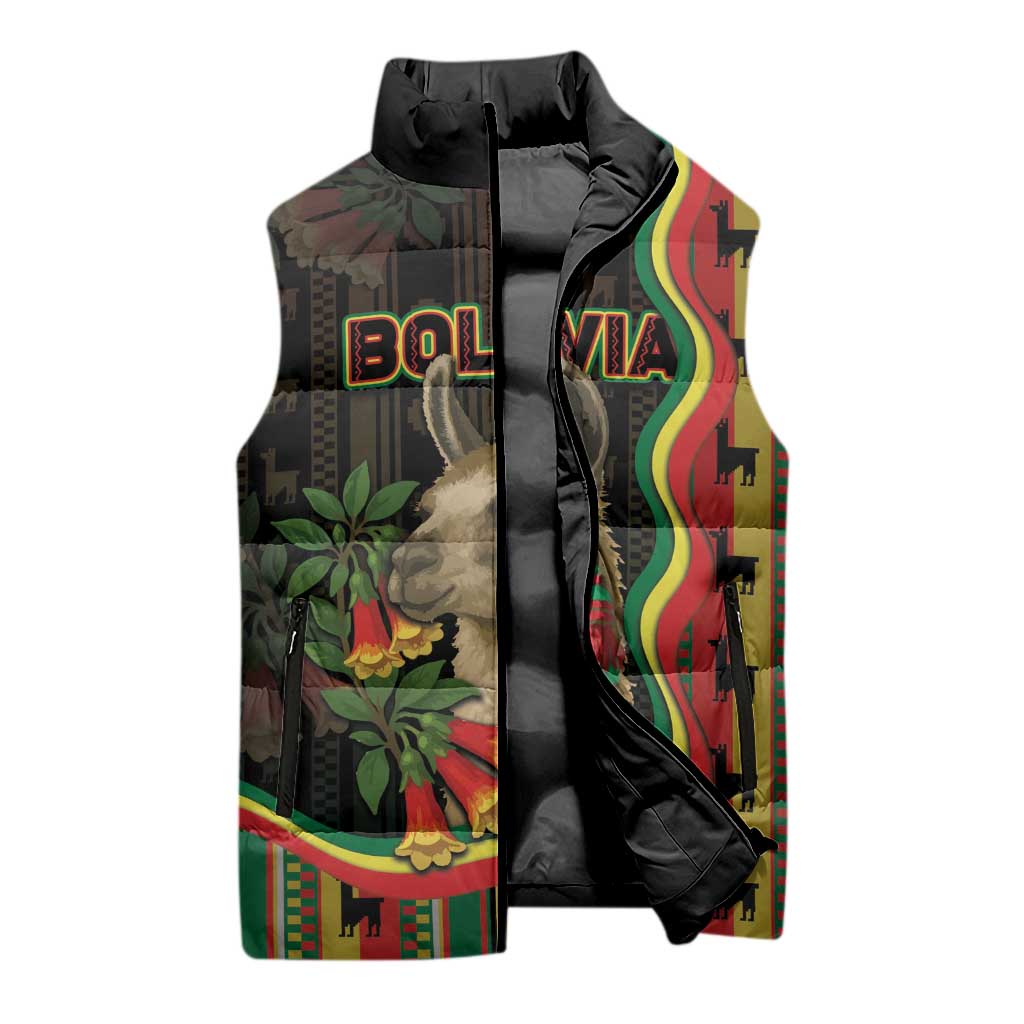 Bolivia Sleeveless Puffer Jacket The Llama With Kantuta Over Andean Patterns - Wonder Print Shop