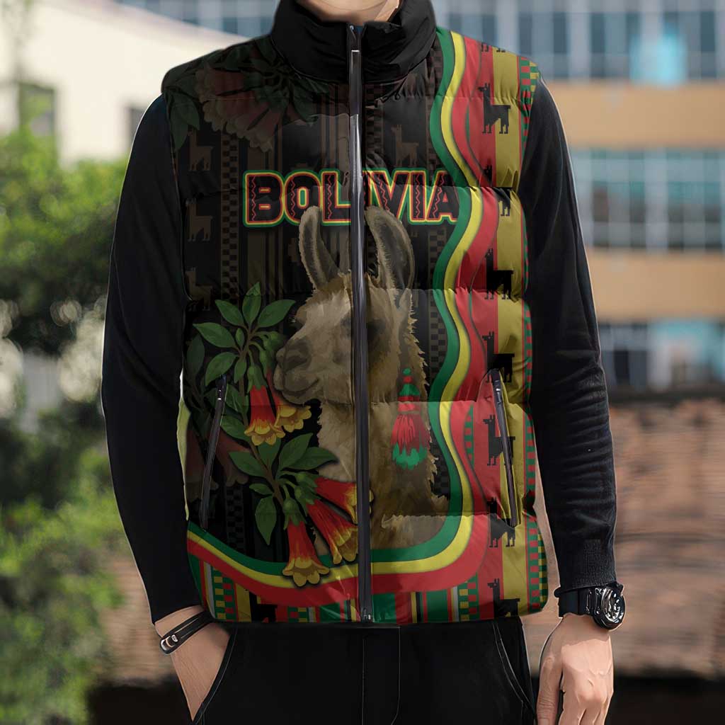 Bolivia Sleeveless Puffer Jacket The Llama With Kantuta Over Andean Patterns - Wonder Print Shop