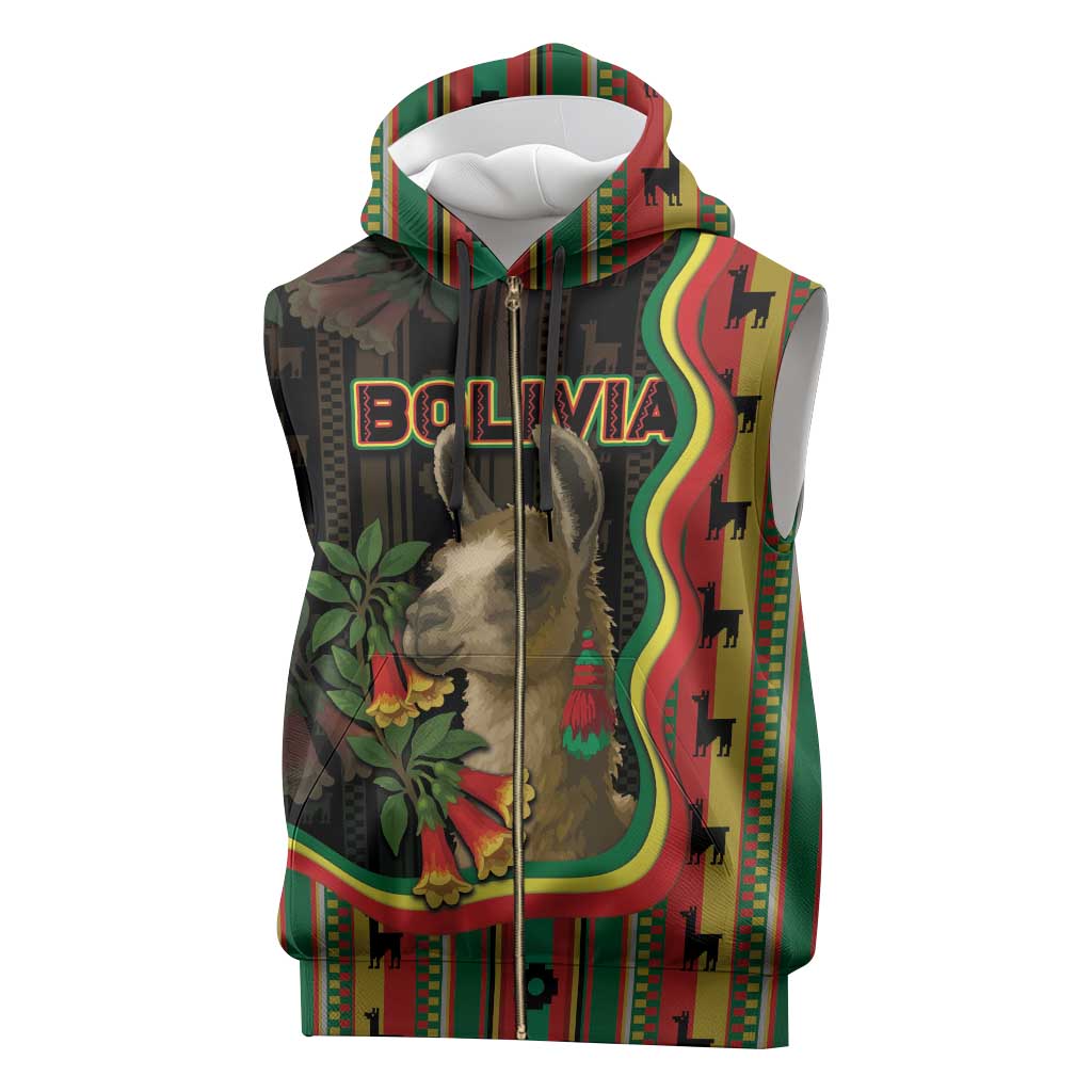 Bolivia Sleeveless Zip Hoodie The Llama With Kantuta Over Andean Patterns - Wonder Print Shop