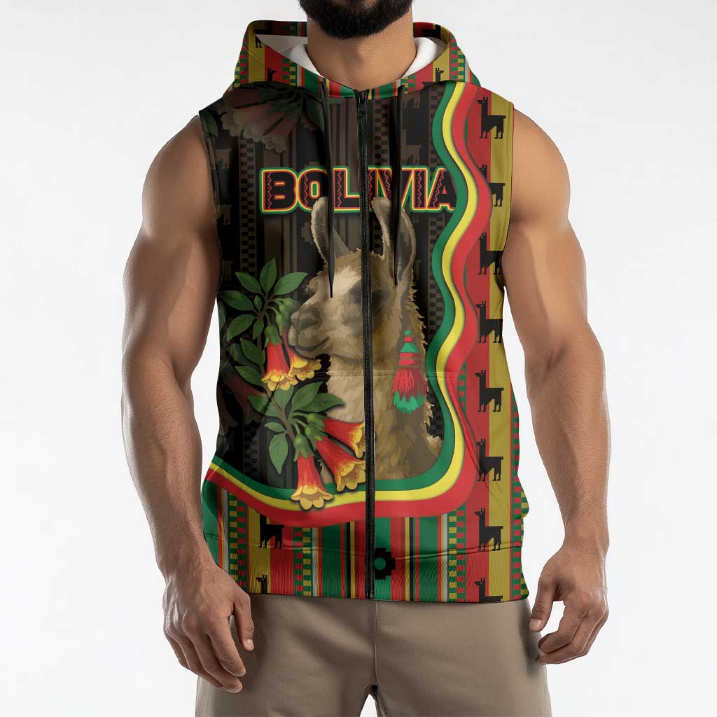Bolivia Sleeveless Zip Hoodie The Llama With Kantuta Over Andean Patterns - Wonder Print Shop