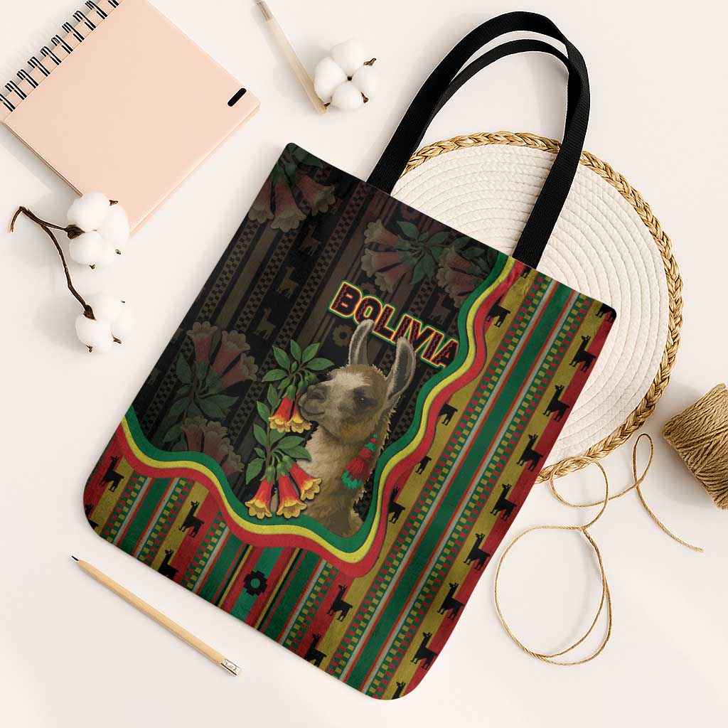 Bolivia Tote Bag The Llama With Kantuta Over Andean Patterns - Wonder Print Shop
