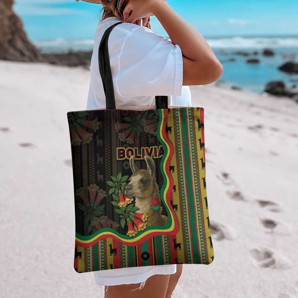 Bolivia Tote Bag The Llama With Kantuta Over Andean Patterns - Wonder Print Shop
