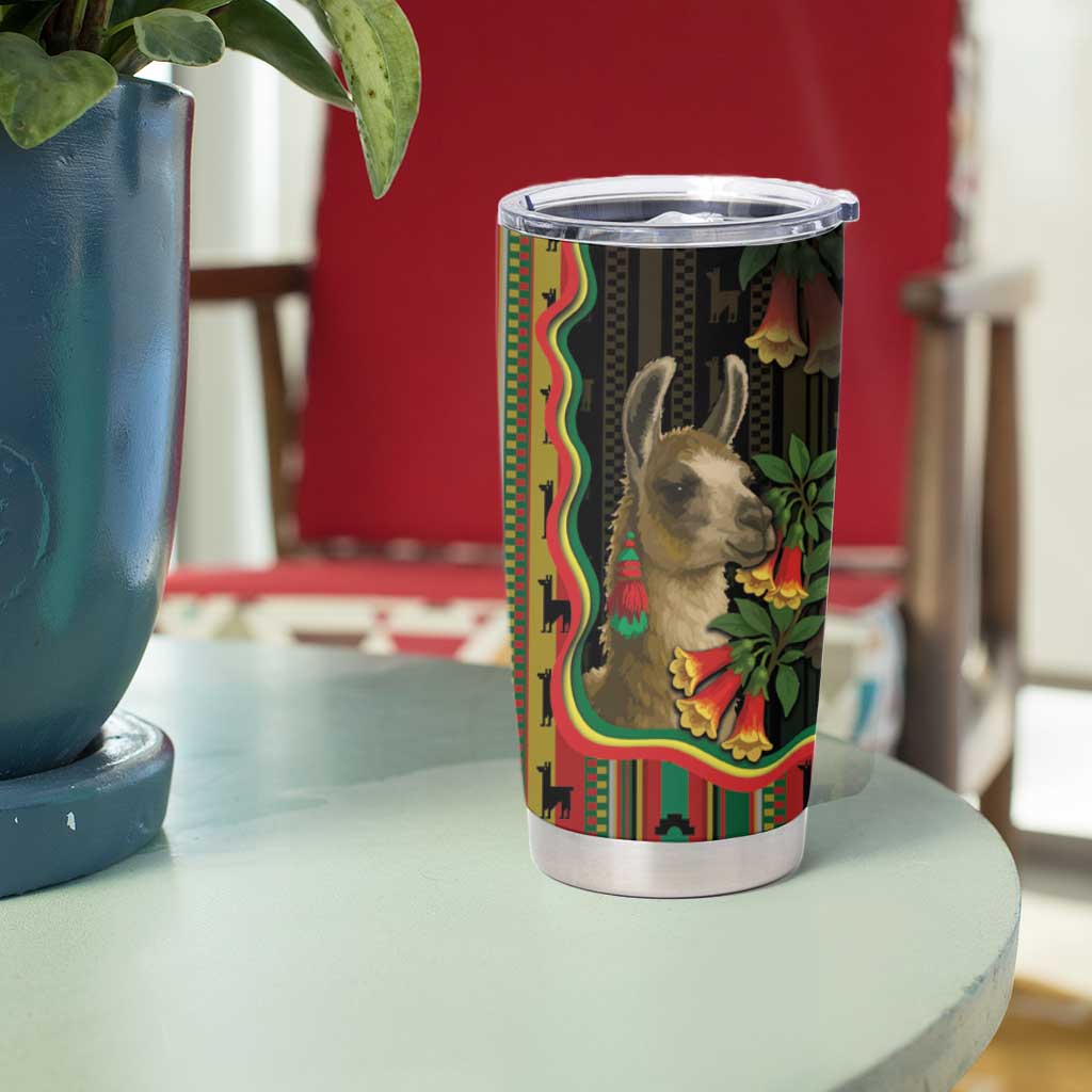 Bolivia Tumbler Cup The Llama With Kantuta Over Andean Patterns - Wonder Print Shop