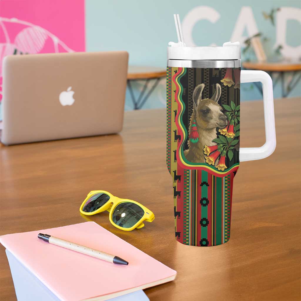 Bolivia Tumbler With Handle The Llama With Kantuta Over Andean Patterns - Wonder Print Shop