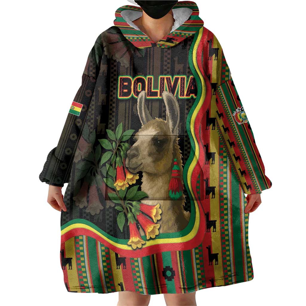 Bolivia Wearable Blanket Hoodie The Llama With Kantuta Over Andean Patterns - Wonder Print Shop