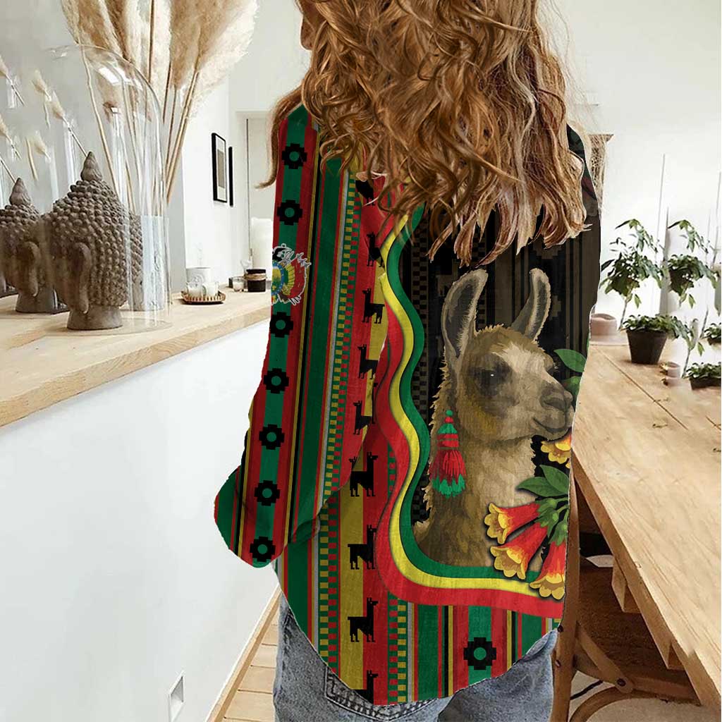 Bolivia Women Casual Shirt The Llama With Kantuta Over Andean Patterns - Wonder Print Shop