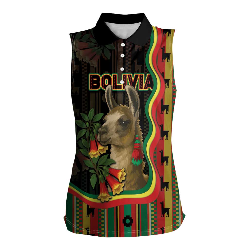 Bolivia Women Sleeveless Polo Shirt The Llama With Kantuta Over Andean Patterns - Wonder Print Shop