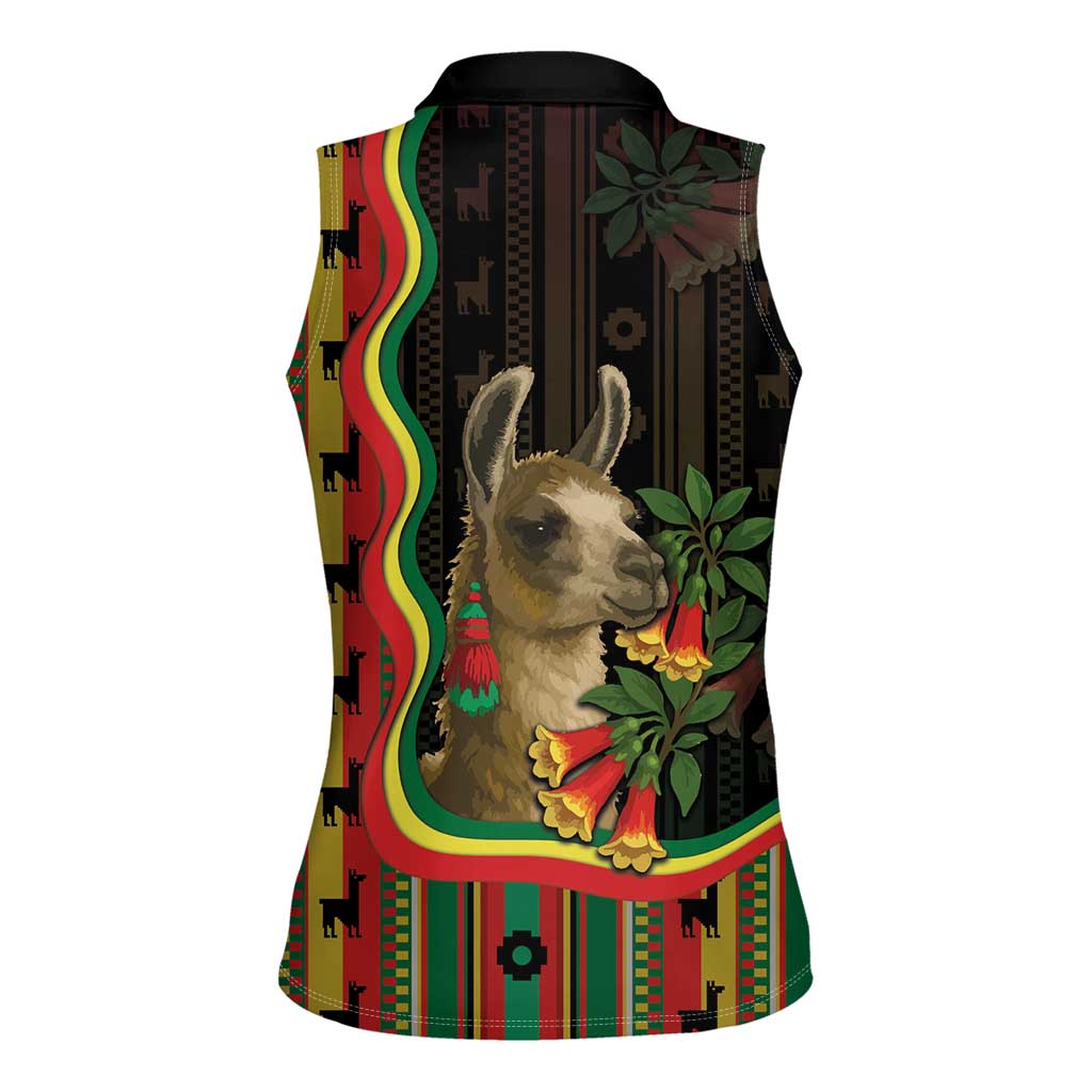 Bolivia Women Sleeveless Polo Shirt The Llama With Kantuta Over Andean Patterns - Wonder Print Shop