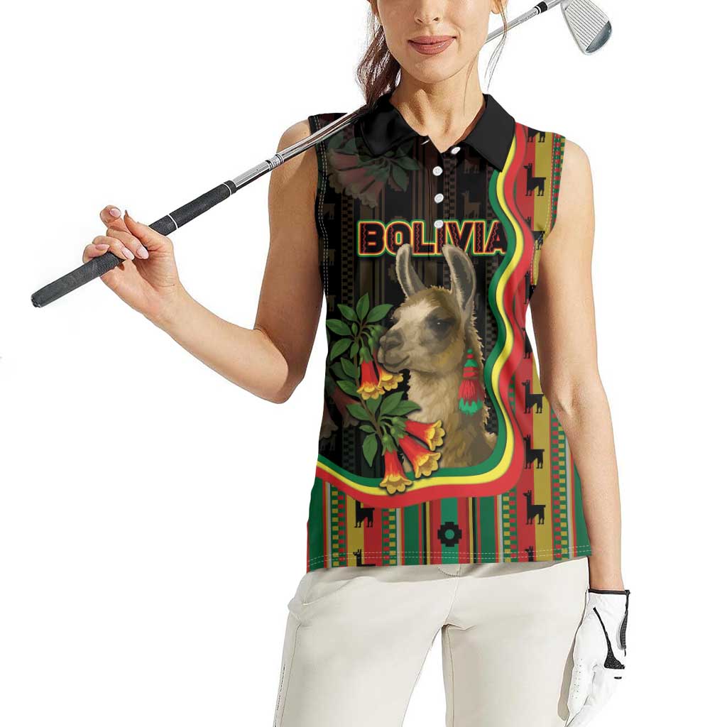 Bolivia Women Sleeveless Polo Shirt The Llama With Kantuta Over Andean Patterns - Wonder Print Shop
