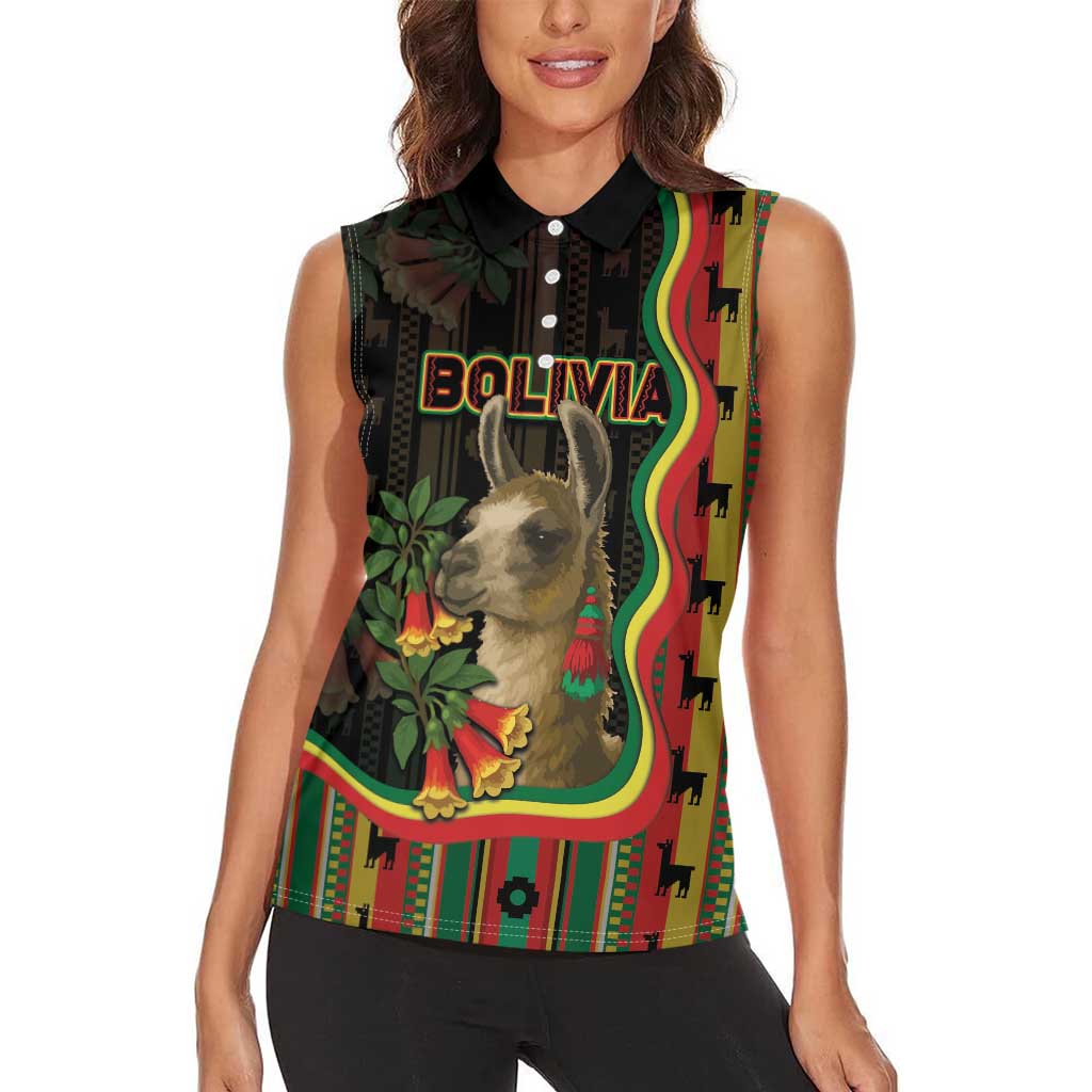 Bolivia Women Sleeveless Polo Shirt The Llama With Kantuta Over Andean Patterns - Wonder Print Shop