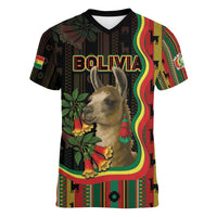 Bolivia Women V-Neck T-Shirt The Llama With Kantuta Over Andean Patterns - Wonder Print Shop